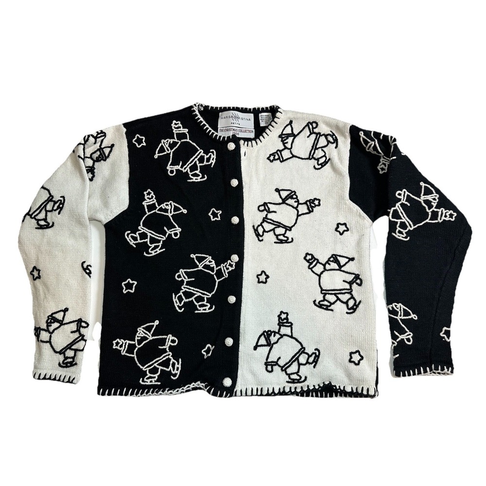 VTG Marisa Christina Christmas Black White Embroidered Santa Cardigan PP Petite